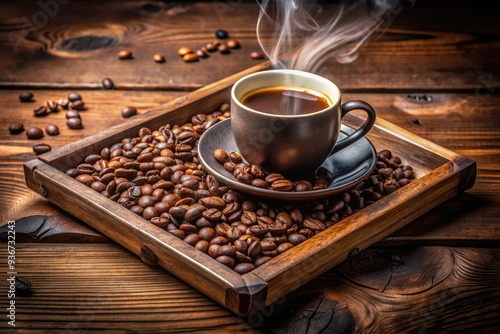 steaming cup of hot coffee accompanied by freshly roasted coffee beans, arranged artfully on a rustic wooden tray, evoking relaxation and serenity. photo