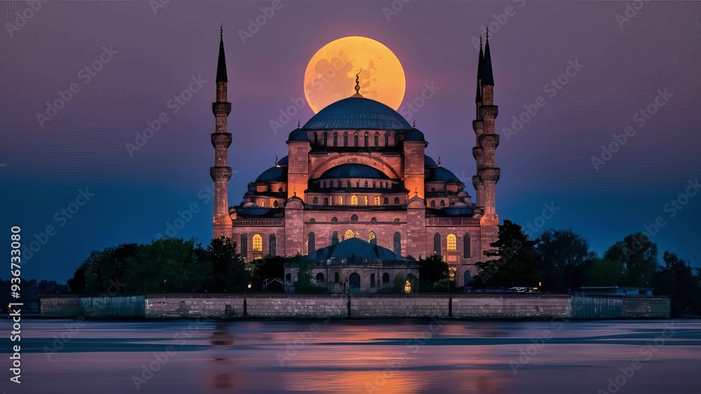 Obraz premium A crescent moon in the night sky above a mosque background image generative ai