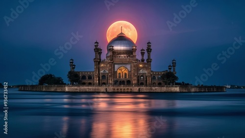 A crescent moon in the night sky above a mosque background image generative ai