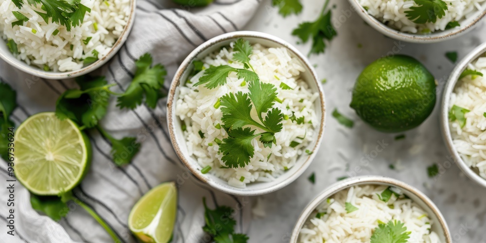 Cilantro lime rice arranged in white ceramic bowls, topped with fresh parsley. Cilantro lime rice arranged in white ceramic bowls, topped with fresh parsley.