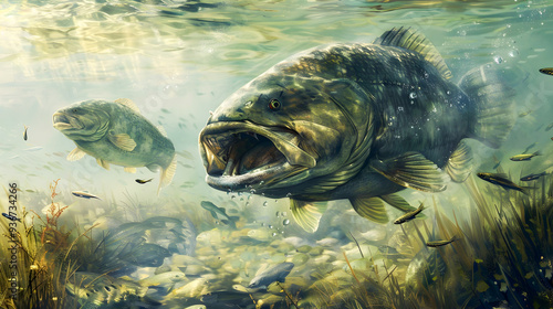 Fierce underwater predator likely a large fish species chasing and aggressively consuming smaller fish prey within a natural aquatic ecosystem photo