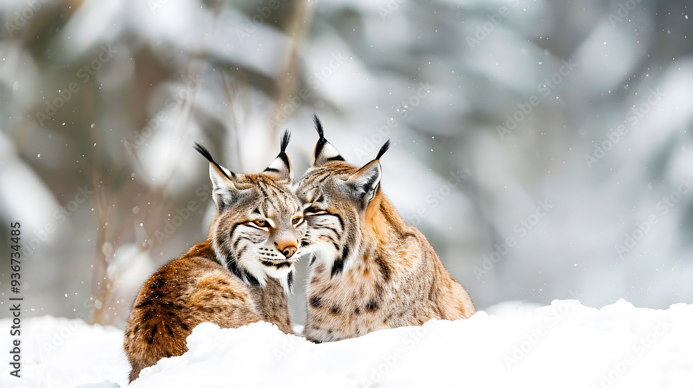 Two lynxes a fierce and solitary predator species cuddling and bonding in the snowy winter landscape Two lynxes a fierce and solitary predator species cuddling and bonding in the snowy winter landscape