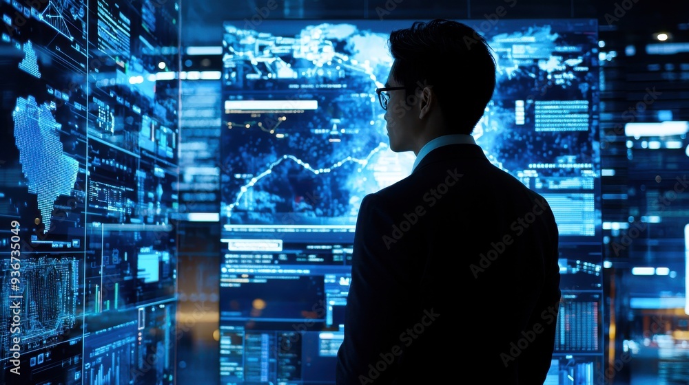 A bank employee demonstrating AI for fraud detection, with holographic visuals showcasing data analysis and suspicious transaction tracking. A bank employee demonstrating AI for fraud detection, with holographic visuals showcasing data analysis and suspicious transaction tracking.