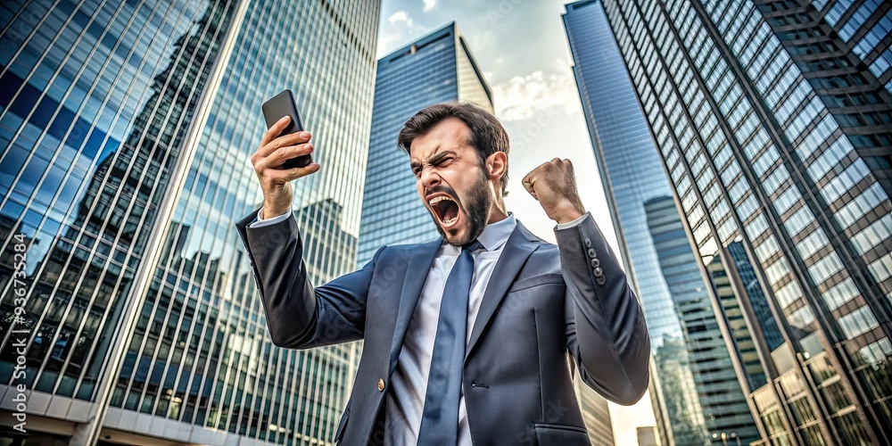 Stressed executive stands outside a modern office building, gazing at his phone with hands raised in frustration, surrounded by urban chaos and concrete skyscrapers. Stressed executive stands outside a modern office building, gazing at his phone with hands raised in frustration, surrounded by urban chaos and concrete skyscrapers.