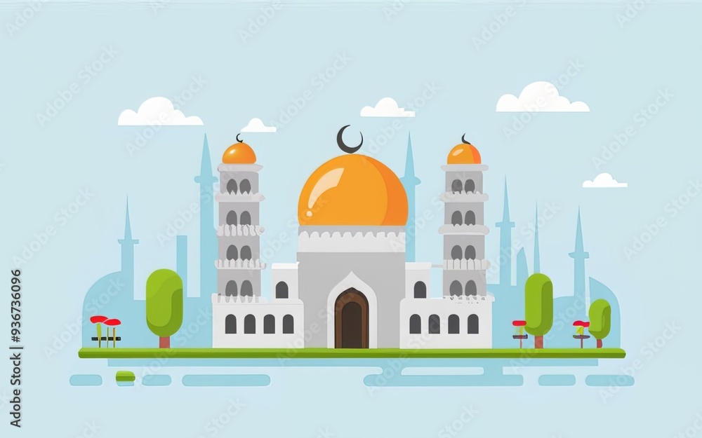 illustration featuring a crescent moon in the night sky above a mosque background image generative ai illustration featuring a crescent moon in the night sky above a mosque background image generative ai