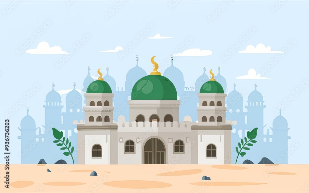illustration featuring a crescent moon in the night sky above a mosque background image generative ai illustration featuring a crescent moon in the night sky above a mosque background image generative ai
