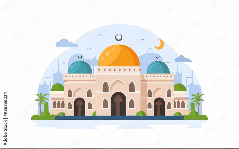 illustration featuring a crescent moon in the night sky above a mosque background image generative ai illustration featuring a crescent moon in the night sky above a mosque background image generative ai