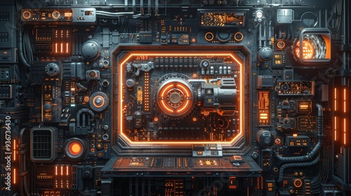 Wallpaper Mural Futuristic mechanical interface with glowing orange lights - generative ai Torontodigital.ca