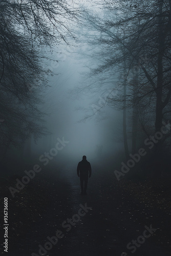 foreboding man walking on a dark forest