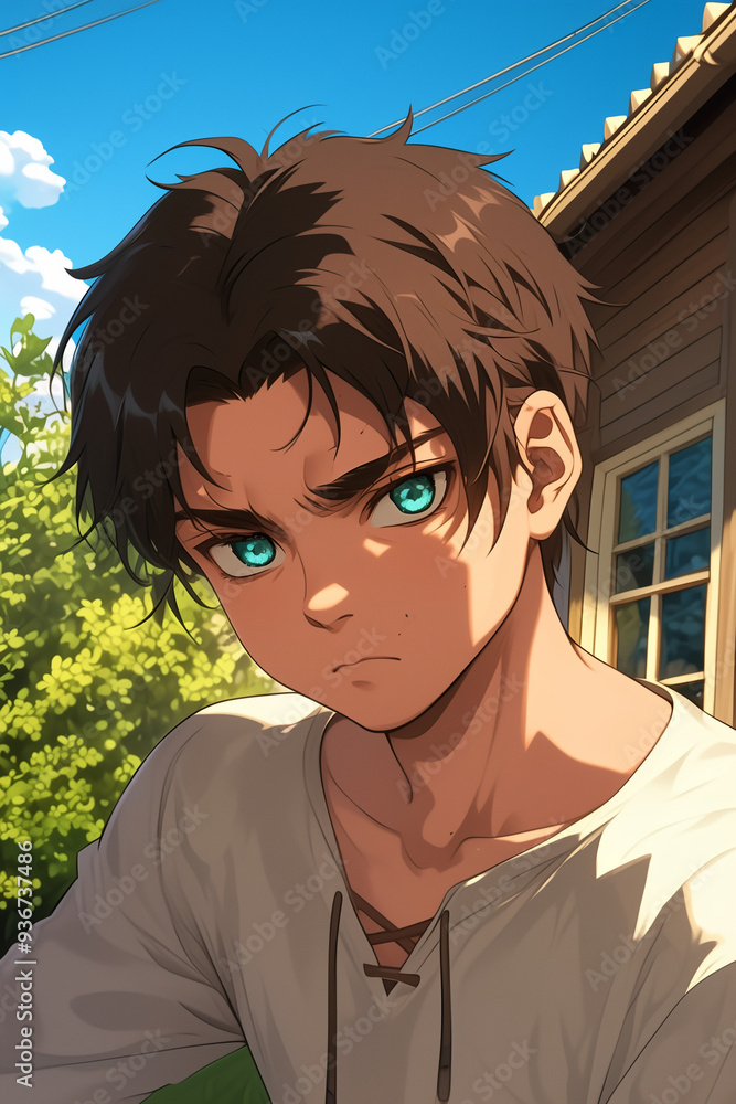 Anime boy with short brown hair and striking blue-green eyes, wearing a ...
