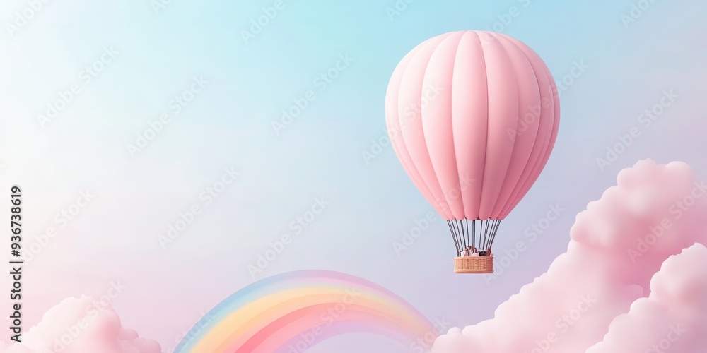 Obraz premium A serene landscape featuring a pink hot air balloon floating above fluffy clouds with a colorful rainbow in the background.