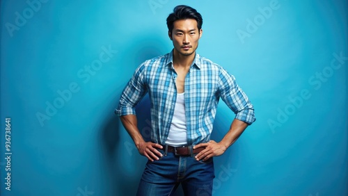 Stylish Asian male model with fit physique confidently stands with hands on hips, dressed in casual wear, against a vibrant blue studio background.