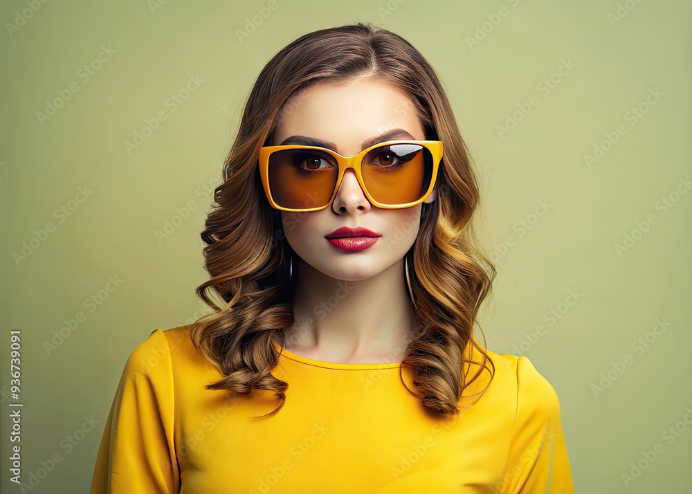 Stylish young woman posing in trendy square-shaped brown-lens sunglasses and modern designer glasses, wearing a vibrant yellow blouse, against a clean background with ample copy space. Stylish young woman posing in trendy square-shaped brown-lens sunglasses and modern designer glasses, wearing a vibrant yellow blouse, against a clean background with ample copy space.