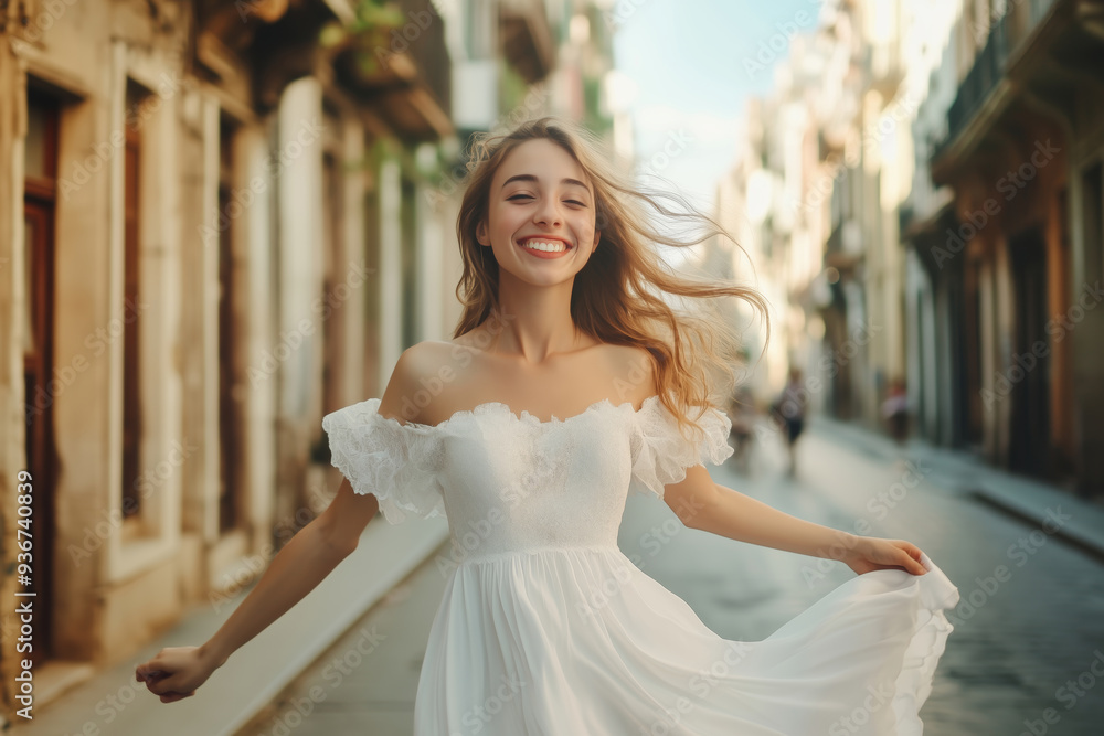 Naklejka premium A joyful girl in a flowing white dress dances freely on a charming cobblestone street beneath a warm sunset glow