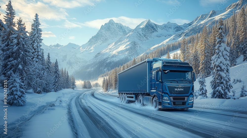 Winter Truck on Snowy Road in Mountains Generative AI Winter Truck on Snowy Road in Mountains Generative AI