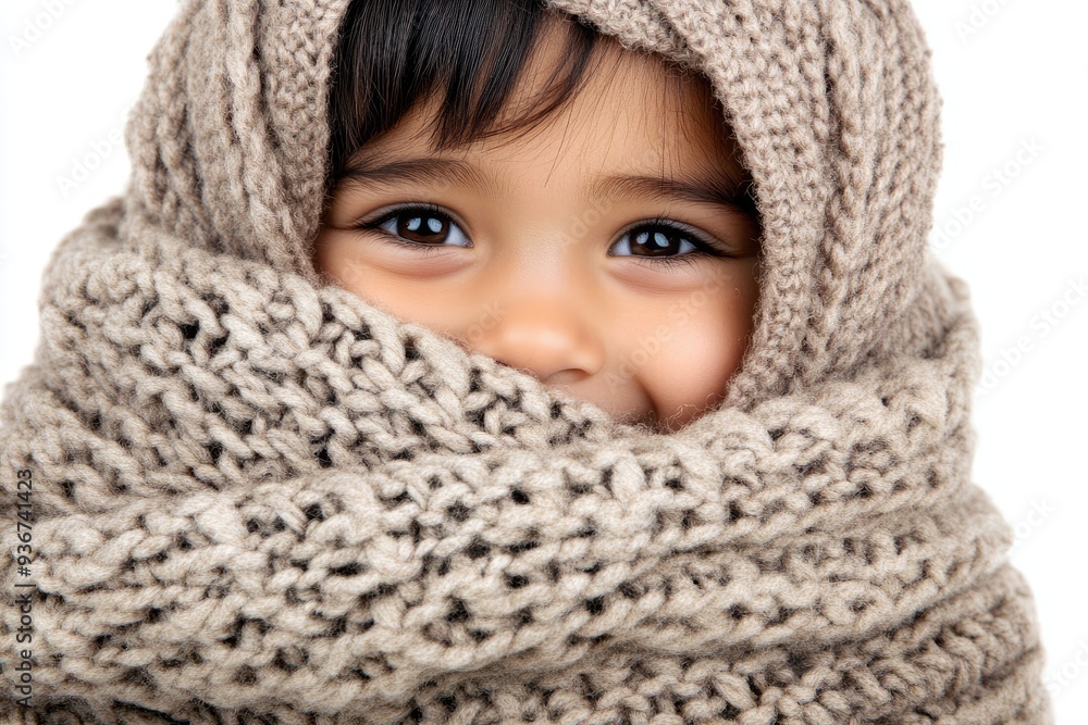 A joyful child wrapped snugly in a cozy knitted scarf, radiating warmth and happiness against a bright, neutral backdrop in a serene indoor setting A joyful child wrapped snugly in a cozy knitted scarf, radiating warmth and happiness against a bright, neutral backdrop in a serene indoor setting