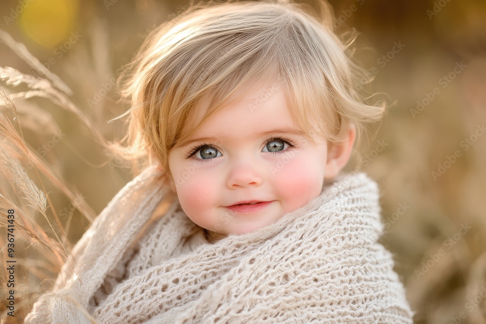 A joyful toddler wrapped in a cozy knit blanket smiling warmly while surrounded by golden autumn grass during a sunny afternoon A joyful toddler wrapped in a cozy knit blanket smiling warmly while surrounded by golden autumn grass during a sunny afternoon