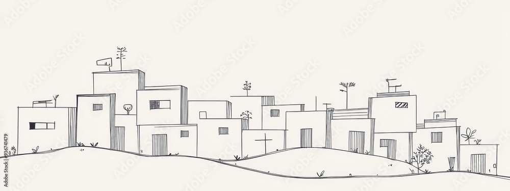 Naklejka premium Building city line one continuous outline single art sketch skyline. City illustration building line silhouette house doodle apartment construction cityscape urban architecture hand background linear.