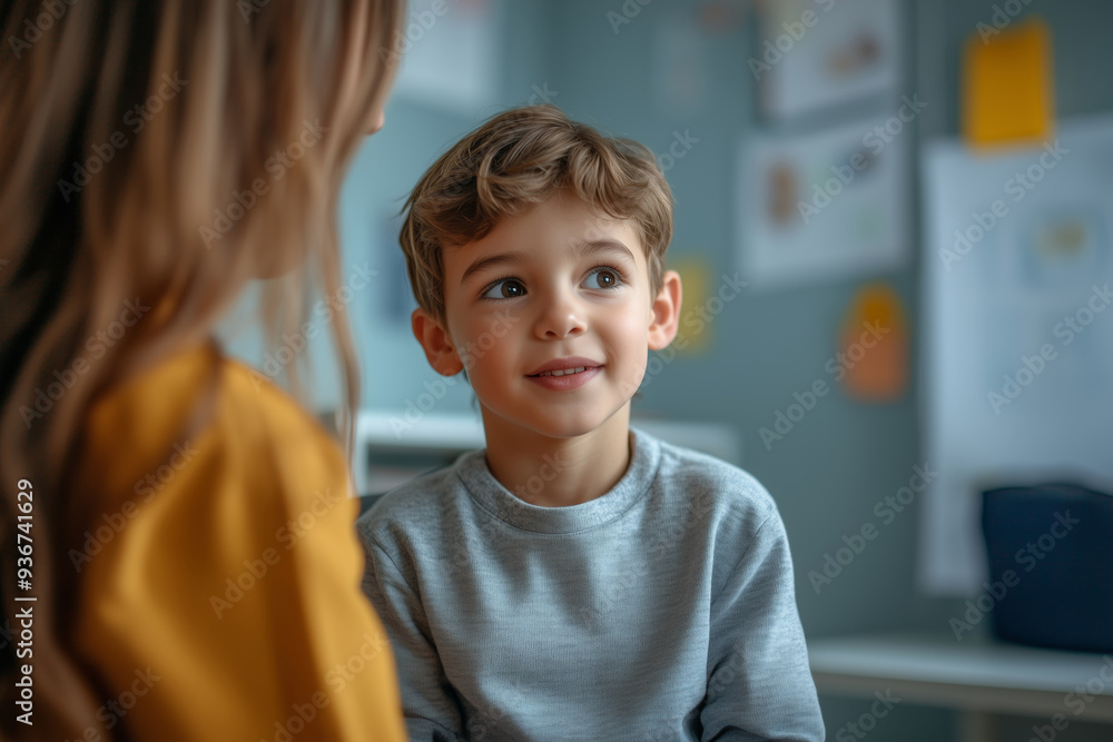 Professional speech training session with a young boy, enhancing communication skills in a bright, engaging classroom setting Professional speech training session with a young boy, enhancing communication skills in a bright, engaging classroom setting