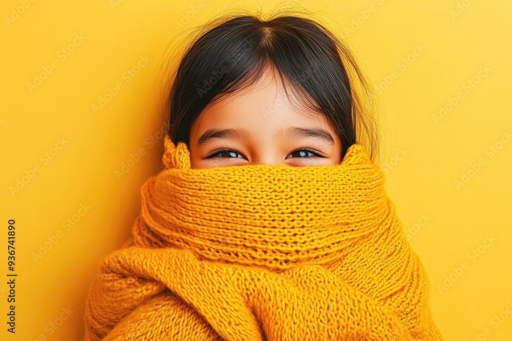 A joyful child playfully wrapped in a vibrant yellow scarf against a warm, sunny backdrop, radiating happiness and warmth during a cheerful afternoon A joyful child playfully wrapped in a vibrant yellow scarf against a warm, sunny backdrop, radiating happiness and warmth during a cheerful afternoon