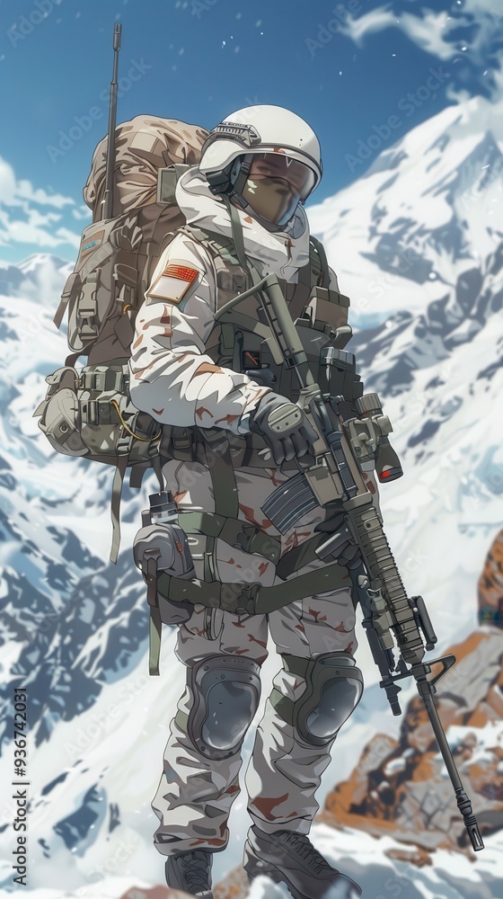 A soldier dressed in white camo trains in mountainous terrain, focusing on improving combat readiness in extreme winter conditions A soldier dressed in white camo trains in mountainous terrain, focusing on improving combat readiness in extreme winter conditions