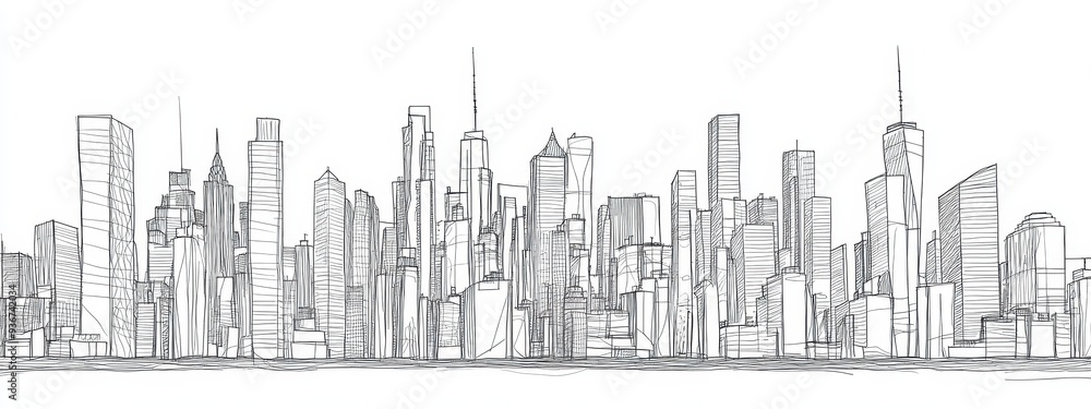 Fototapeta premium Building city line one continuous outline single art sketch skyline. City illustration building line silhouette house doodle apartment construction cityscape urban architecture hand background linear.