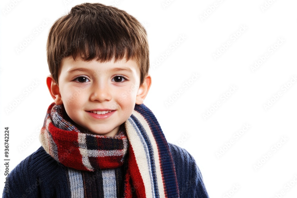 A cheerful young boy with a colorful scarf poses for a portrait, showcasing a warm smile against a bright backdrop during a cozy winter afternoon A cheerful young boy with a colorful scarf poses for a portrait, showcasing a warm smile against a bright backdrop during a cozy winter afternoon