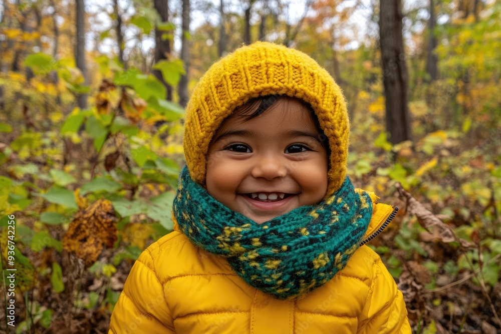 A joyful child in a bright yellow winter coat and knitted hat smiles widely amidst a forest of vibrant autumn leaves during a sunny day filled with laughter and exploration A joyful child in a bright yellow winter coat and knitted hat smiles widely amidst a forest of vibrant autumn leaves during a sunny day filled with laughter and exploration