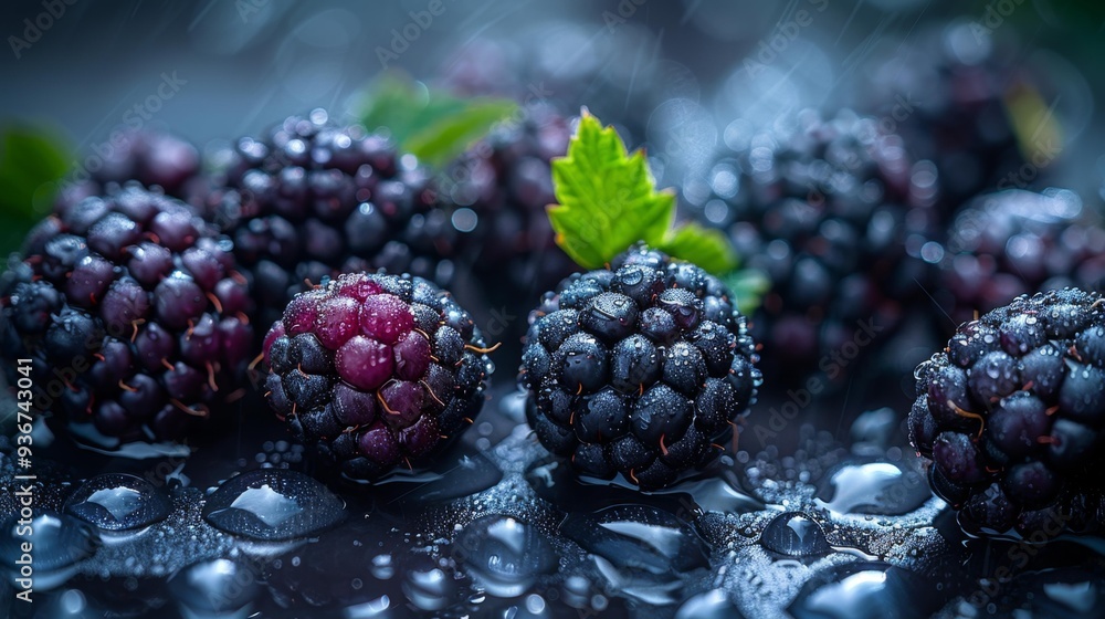 Close-up of dewy blackberries - generative ai Close-up of dewy blackberries - generative ai