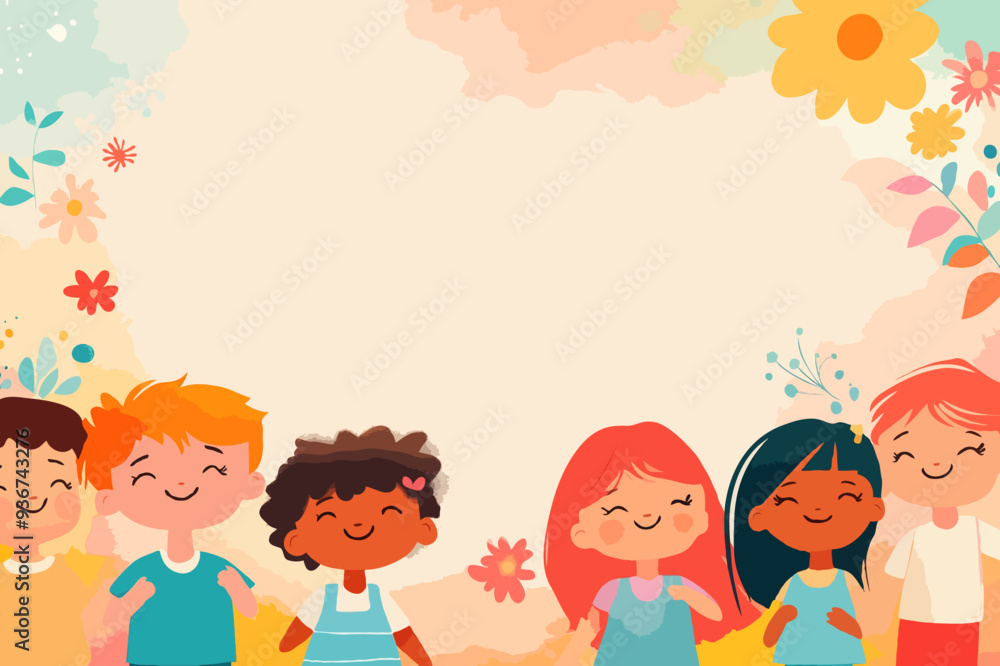 Vibrant Illustration of Diverse Children Smiling Together in a Colorful Outdoor Setting Celebrating Diversity and Inclusion Vibrant Illustration of Diverse Children Smiling Together in a Colorful Outdoor Setting Celebrating Diversity and Inclusion
