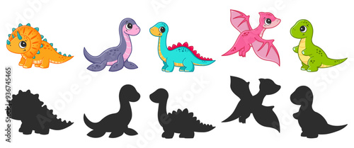 Different types of dinosaurs and their silhouettes. Vector cartoon illustration