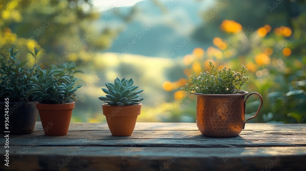 Peaceful succulents in rustic pots on wooden table - generative ai Peaceful succulents in rustic pots on wooden table - generative ai