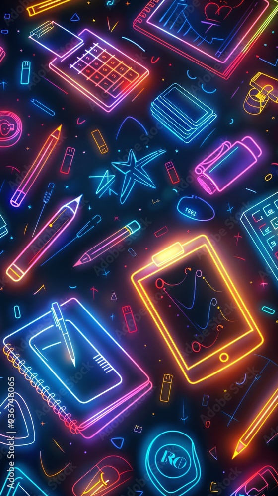 Glowing school supplies background Glowing school supplies background