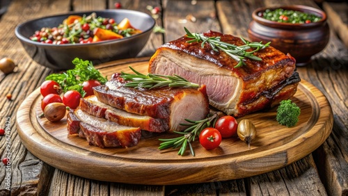 Tender slices of caramelized aged pork belly, garnished with fresh thyme and rosemary, served on a rustic wooden platter with a side of roasted vegetables.