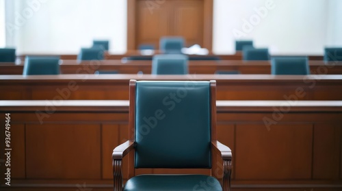 A courtroom with a focus on the judge s chair and bench, courtroom, justice, judge s chair photo