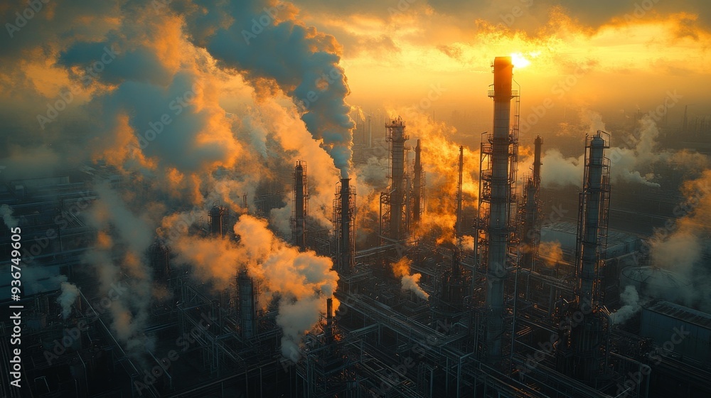 Fototapeta premium Industrial smokestacks at sunset - generative ai