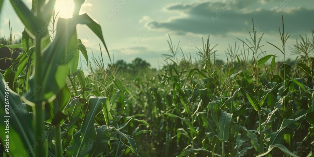 Expanse of lush, towering corn stalks and cobs during the summer season. Expanse of lush, towering corn stalks and cobs during the summer season.