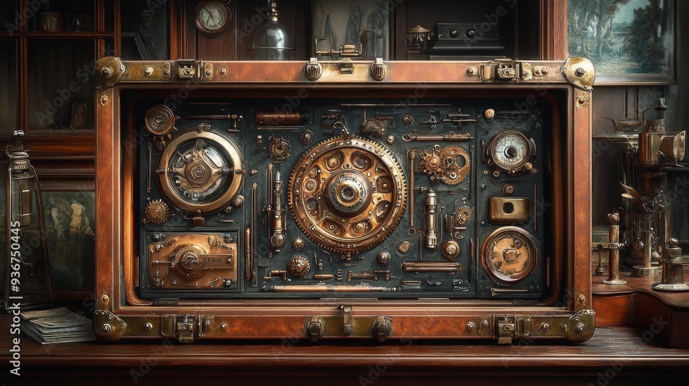 Steampunk mechanical device with gears - generative ai Steampunk mechanical device with gears - generative ai