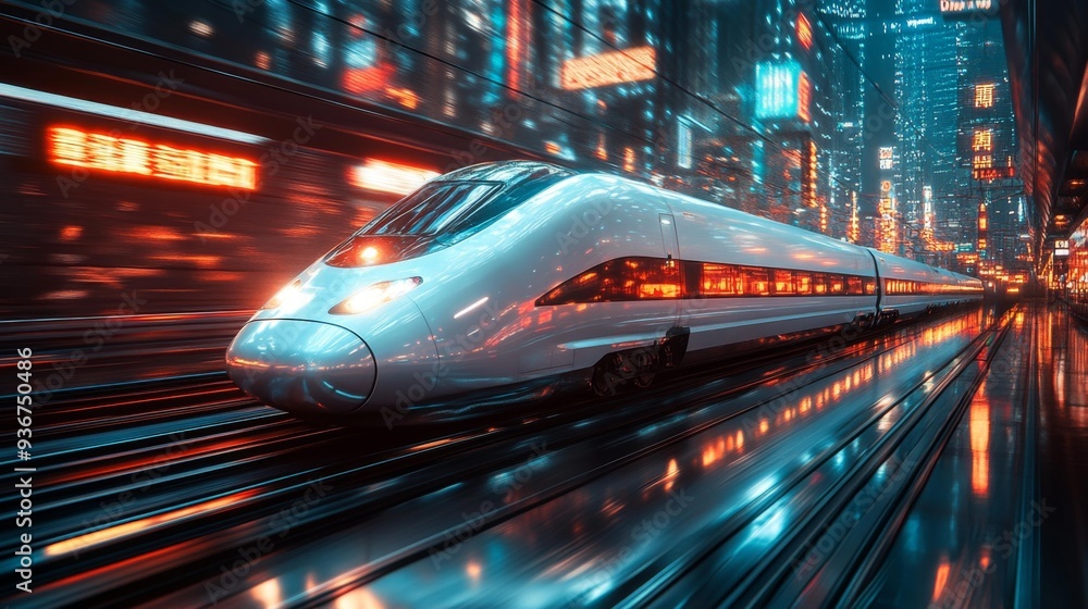 High-speed train in a neon-lit city - generative ai High-speed train in a neon-lit city - generative ai