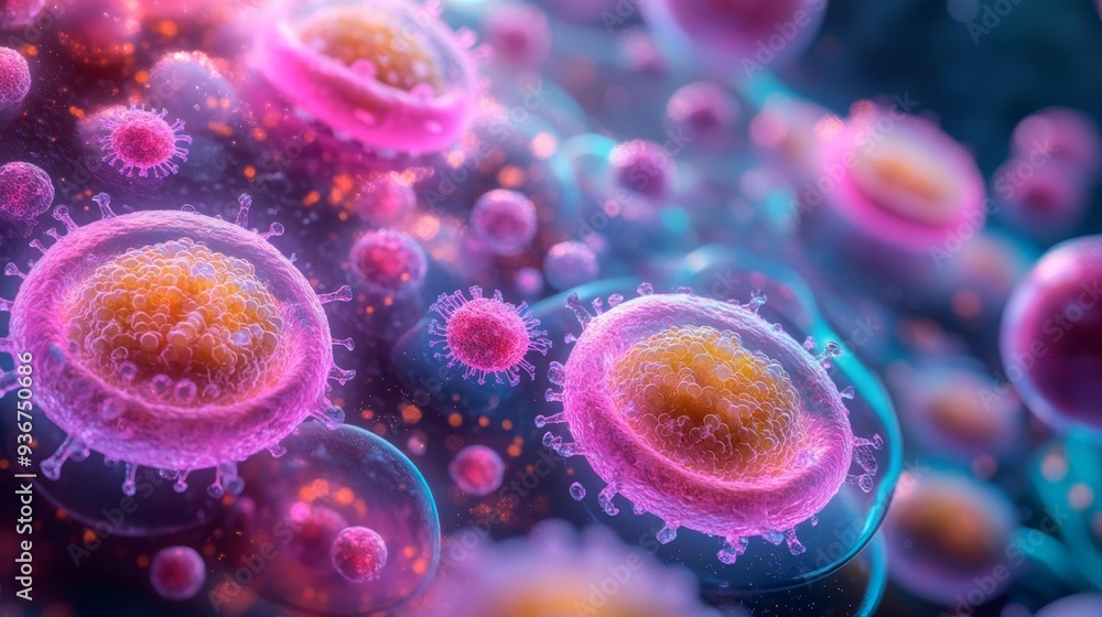 Microscopic view of viruses and cells - generative ai Microscopic view of viruses and cells - generative ai