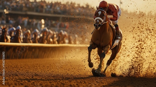 Horse and jockey racing towards the finish line on a dirt track, with dust kicking up and the crowd cheering