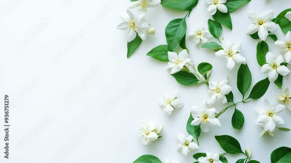 Obraz premium White jasmine flowers with green leaves