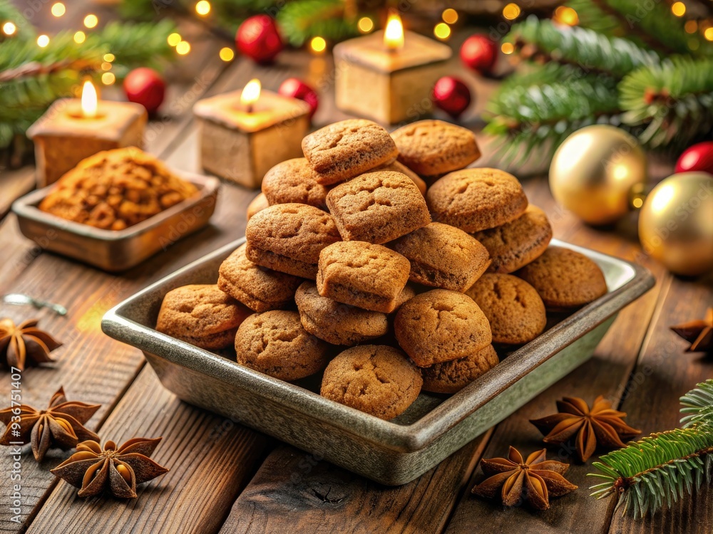 © Man888 - Traditional Dutch spiced cookies, knapperige pepernoten, in square shapes, sit on a festive table, evoking the warmth and joy of the holiday season.