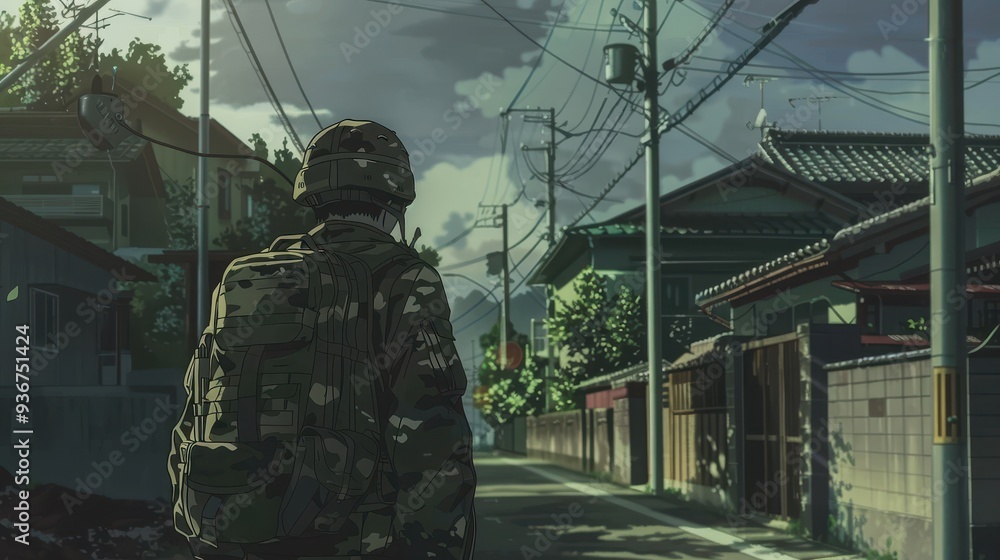 A soldier in military gear walks down a quiet street, surrounded by houses and trees, returning home after his service A soldier in military gear walks down a quiet street, surrounded by houses and trees, returning home after his service