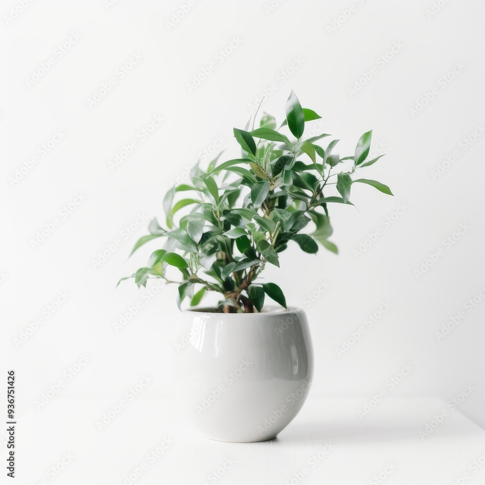 Fototapeta premium Minimalist Photograph of a Green Plant in a White Pot - Perfect for Home Decor, Office Decoration, and Botanical Needs