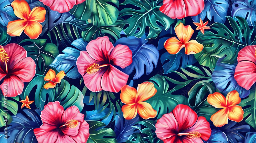 Vibrant Tropical Floral Pattern with Leaves Vibrant Tropical Floral Pattern with Leaves