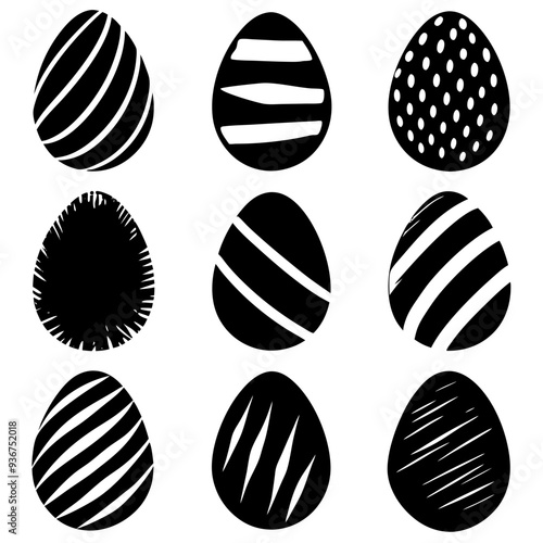 A set of black and white Easter eggs with intricate designs