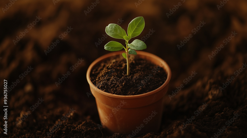 Zbliżenie na małą, kiełkującą roślinę w glinianej doniczce, otoczoną żyzną, ciemną glebą. 