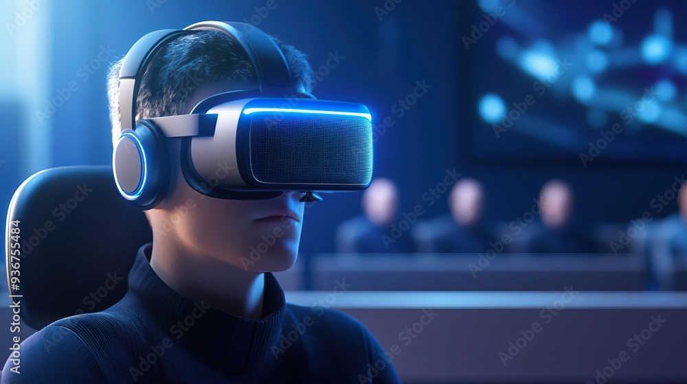 A detailed illustration of jurors viewing 3D representations of crime scenes and evidence through VR headsets in a virtual courtroom setting, enhancing their understanding of the c A detailed illustration of jurors viewing 3D representations of crime scenes and evidence through VR headsets in a virtual courtroom setting, enhancing their understanding of the c
