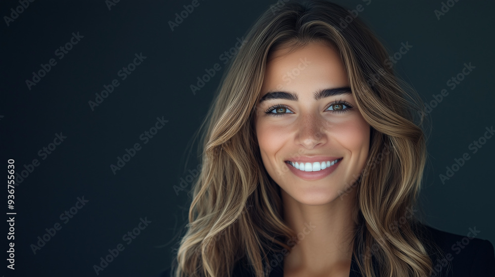 Fototapeta premium Zbliżenie na młodą kobietę w biznesowym stylu, z długimi, falującymi włosami i pewnym uśmiechem. W czarnej marynarce i w naturalnym świetle prezentuje się w sposób elegancki i profesjonalny.